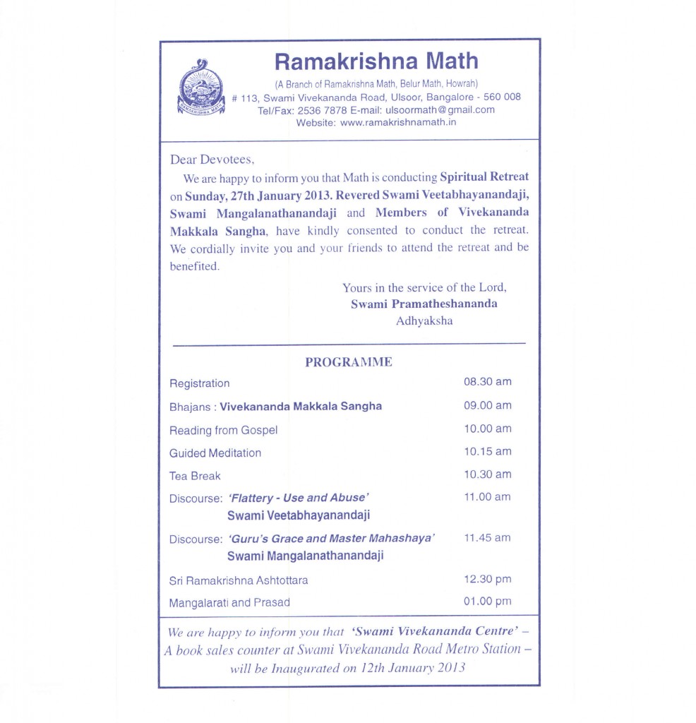 Spiritual Retreat @ Ramakrishna Math Ulsoor on 27th Jan 2013